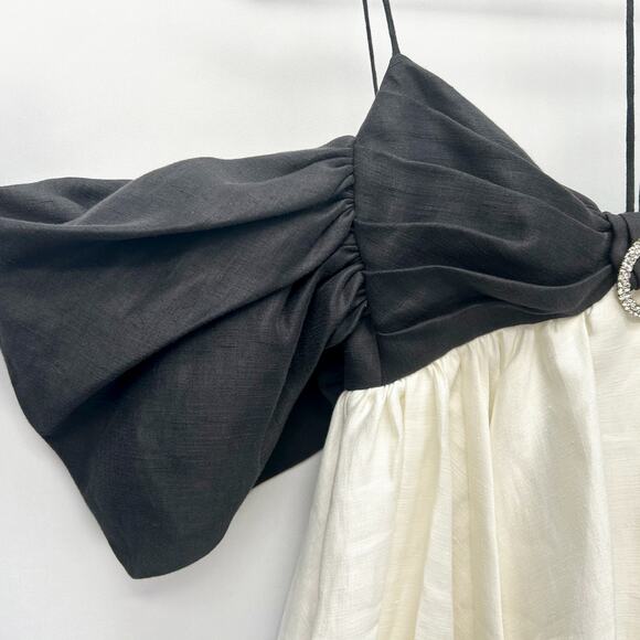 NWT Rasario Linen Off Shoulder Mini Dress, Black/White/Crystal, FR36/US4 - Picture 8 of 14